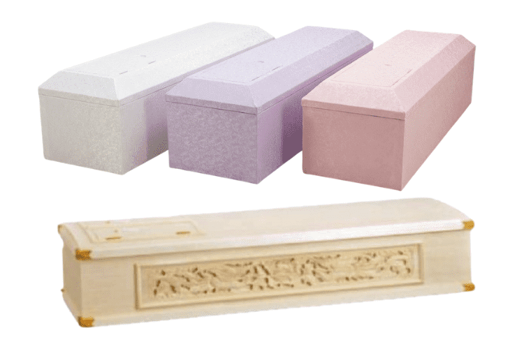 桐平棺のほか、布棺3色（白・紫・ピンク）、二面彫刻棺より選択可