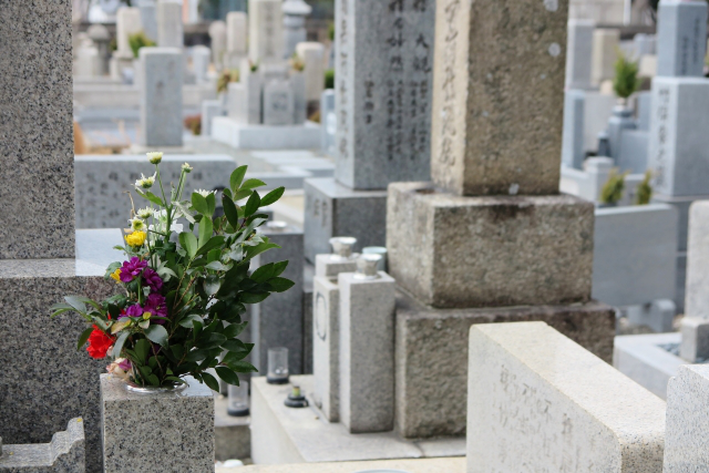 墓地と供えられた仏花