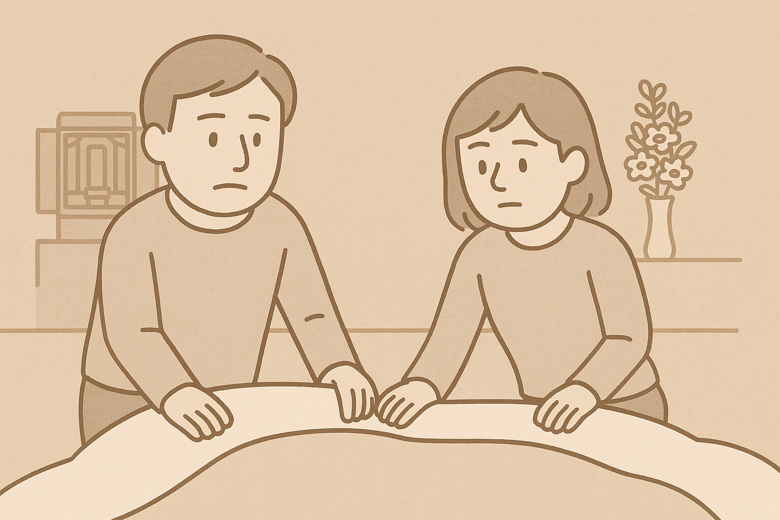 安置場所に布団を用意する男女のイラスト