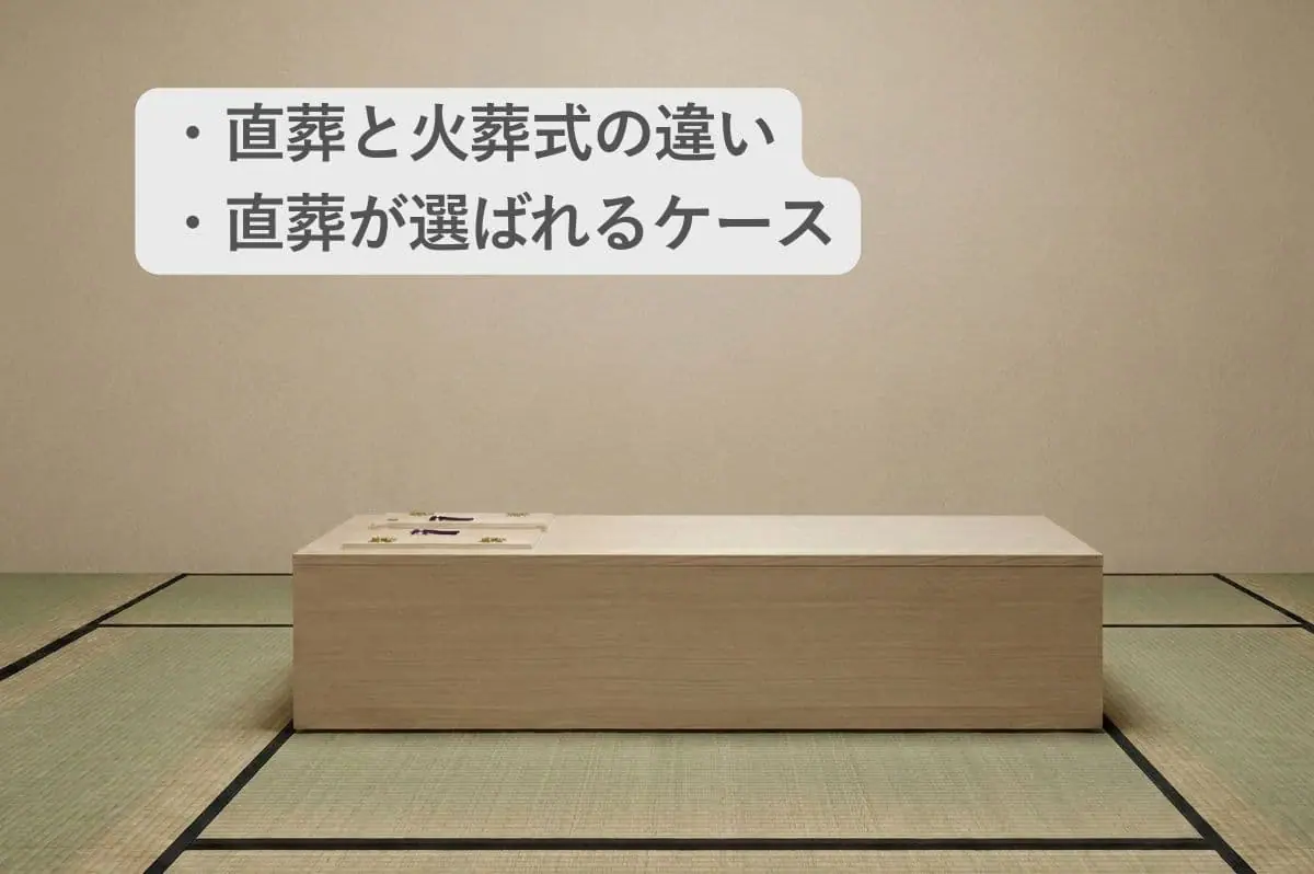 和室に安置された棺の画像と「直葬と火葬式の違い」「直葬が選ばれるケース」の文字