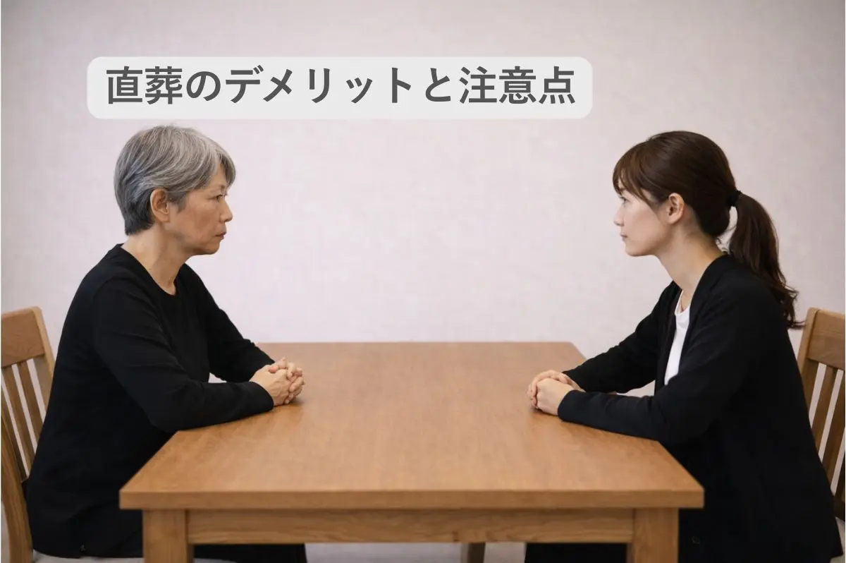 ダイニングテーブルをはさんで向かい合う母と娘の画像と「直葬のデメリットと注意点」