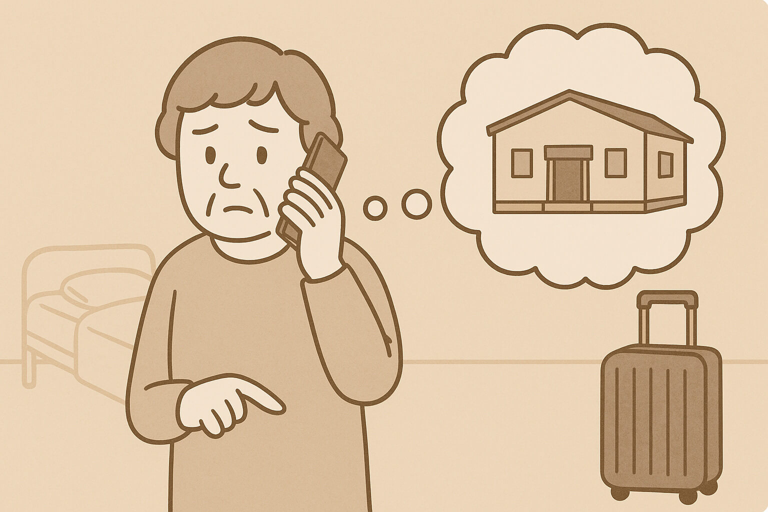 安置場所を自宅にしようとして電話で話している年配女性のイラスト