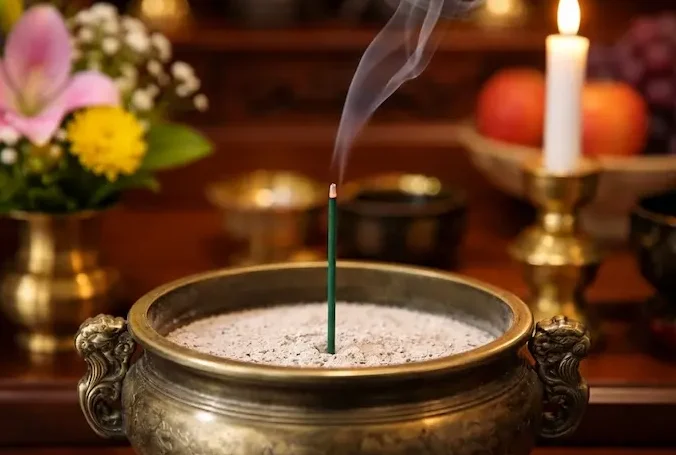 五供のひとつお香で火が点いている線香の画像