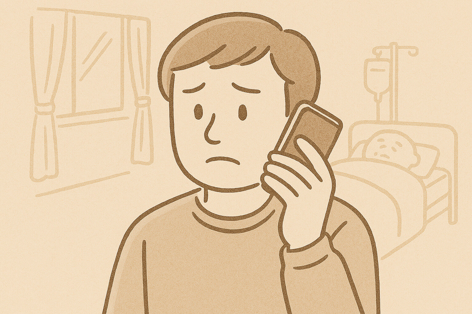 病室から葬儀社に電話を入れる男性のイラスト