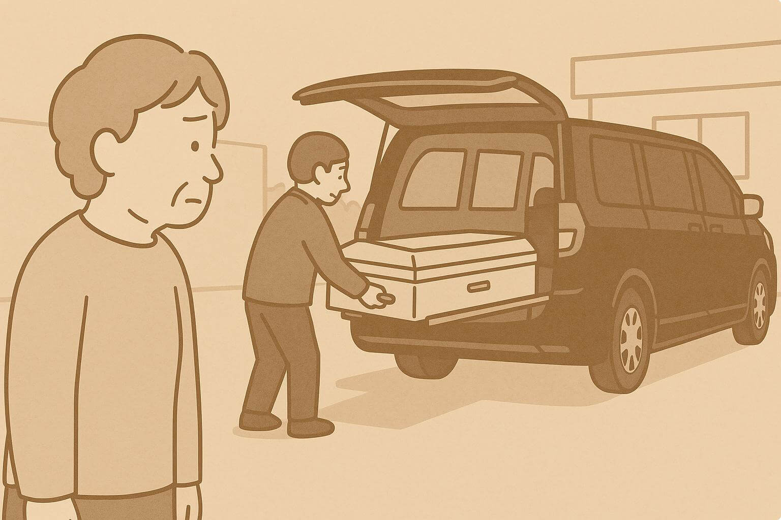 搬送車に棺を乗せる葬儀社スタッフとそばで見守る年配女性のイラスト
