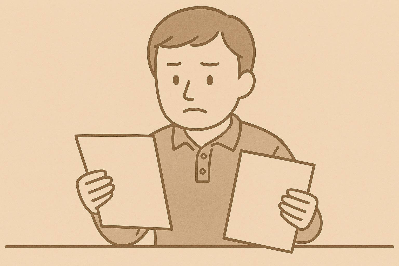 手に書類を持ちながら神妙な面持ちをしている男性のイラスト
