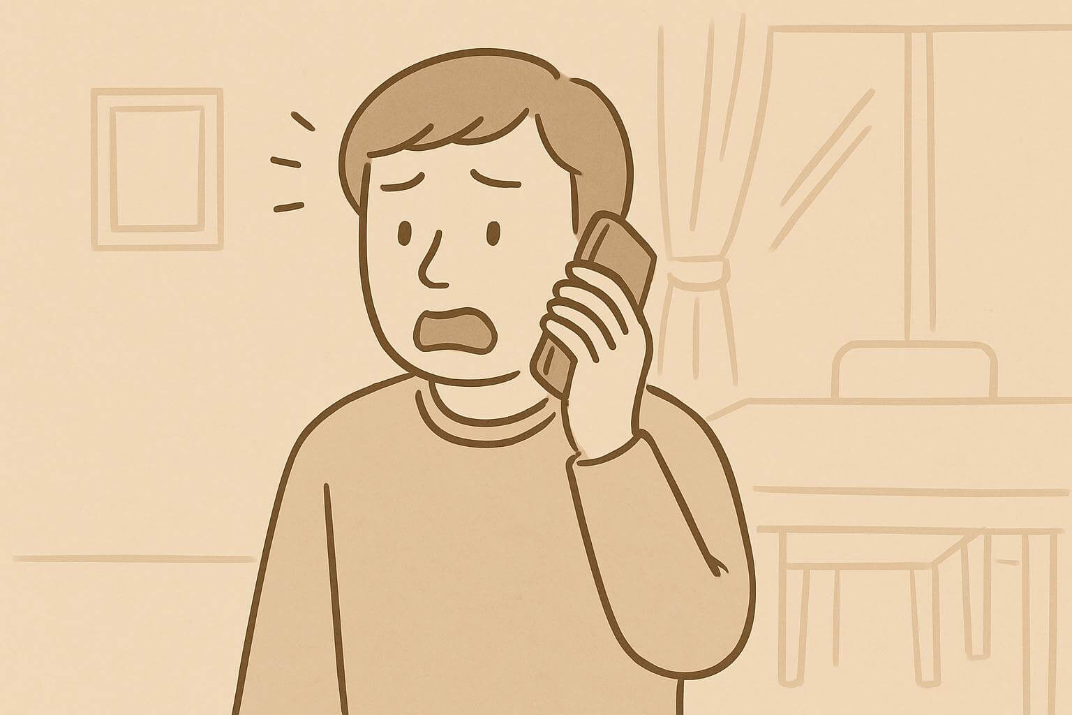 自宅で電話を受けて驚いている男性のイラスト