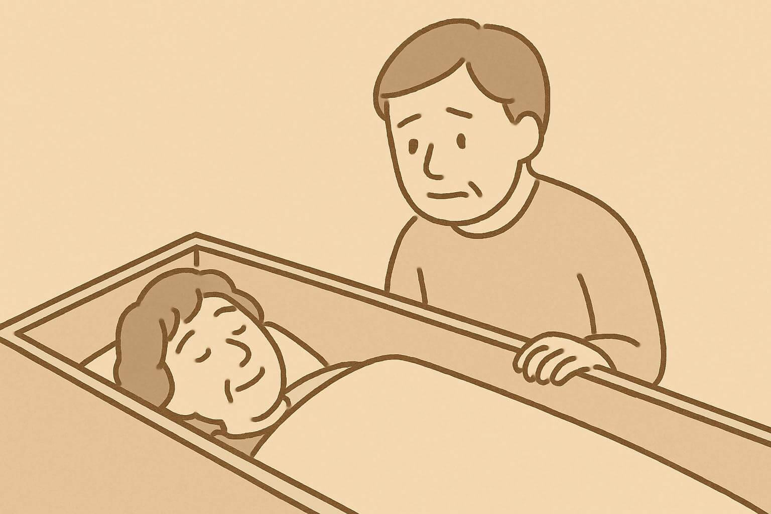 棺の中にいる故人を見守る男性のイラスト