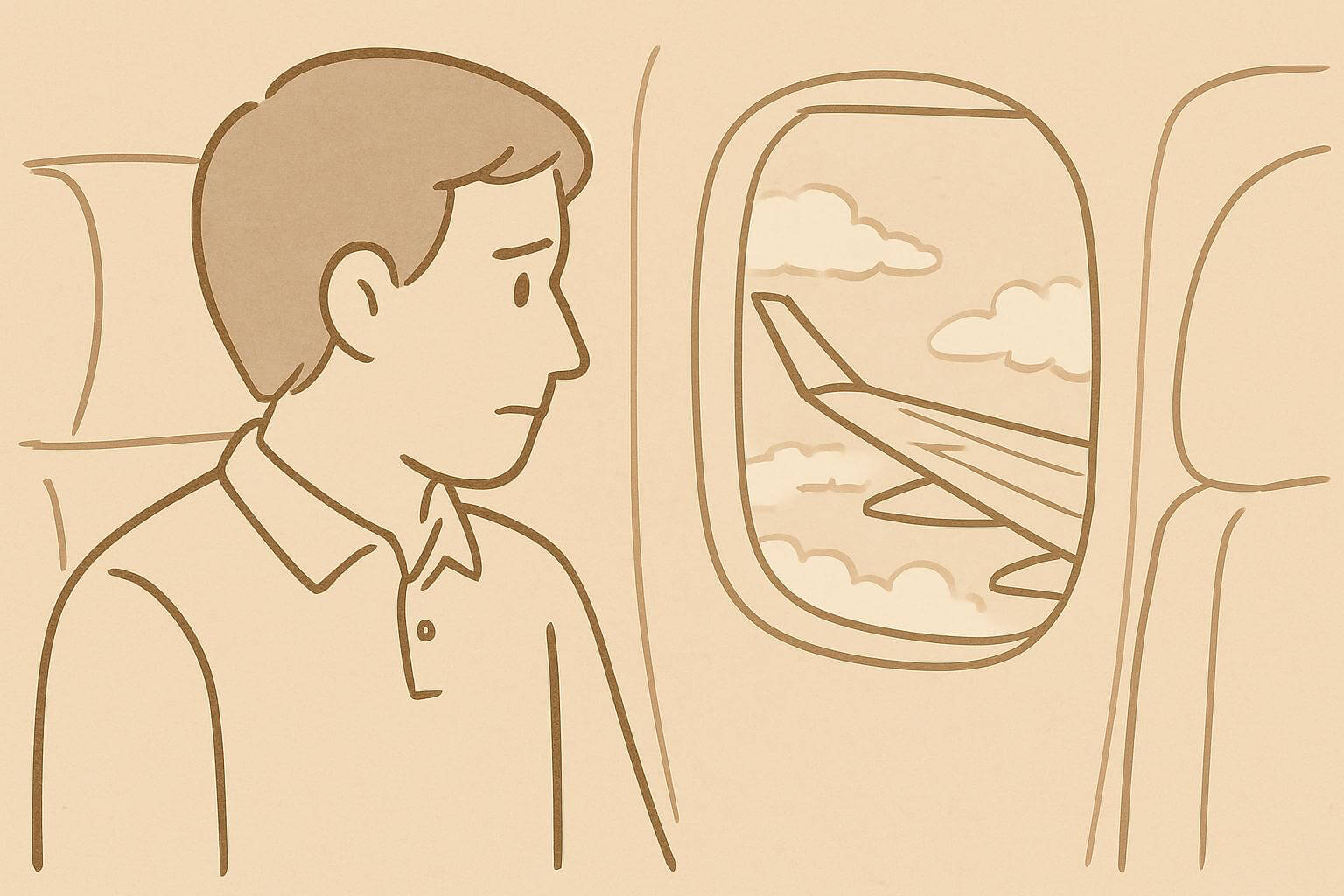 機内から窓の外を見つめる男性のイラスト