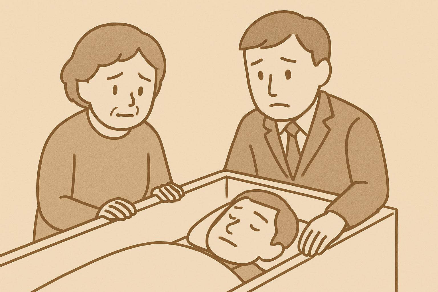 棺の中の故人を見つめる年配女性と葬儀社スタッフ