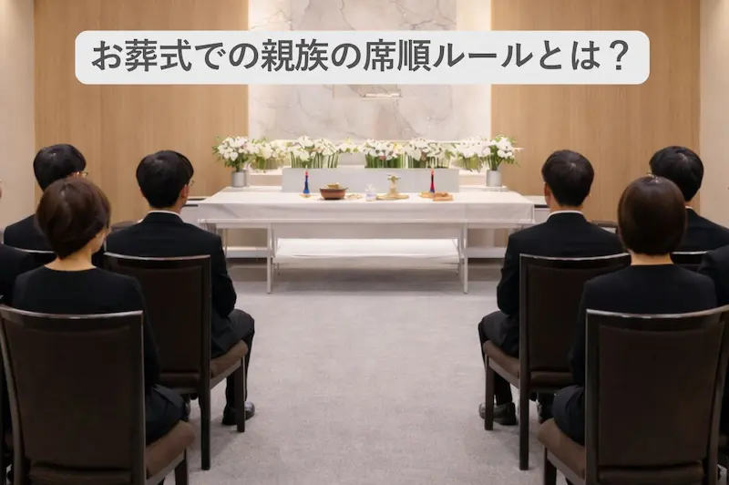 喪服を着用して葬儀式場に着席する参列者の画像