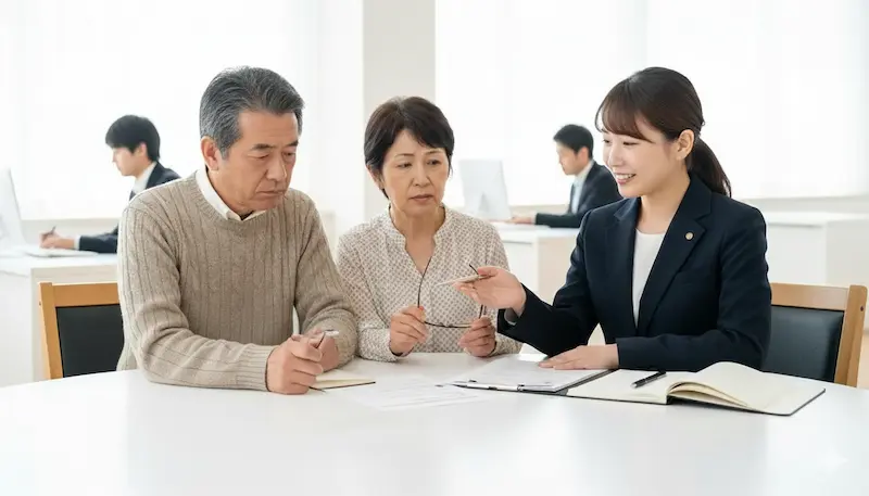 葬儀費用を抑えるために役所を訪ねて相談している夫婦