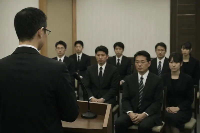 参列者に向かって喪主挨拶をする50代男性の後ろ姿