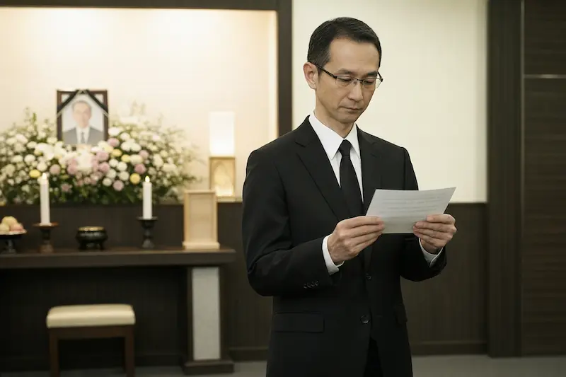 カンペを見ながら通夜の喪主挨拶を行う50代男性の画像