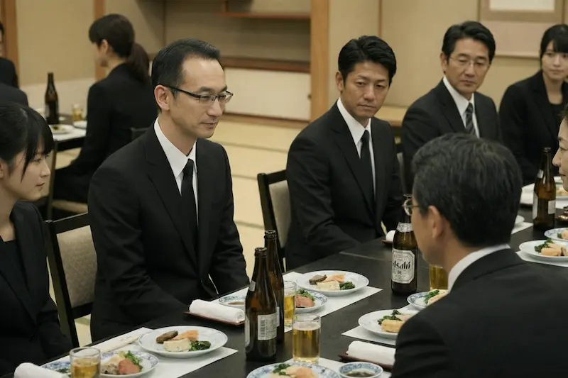 通夜振る舞いの席で参加者に感謝を伝える50代男性の喪主の画像